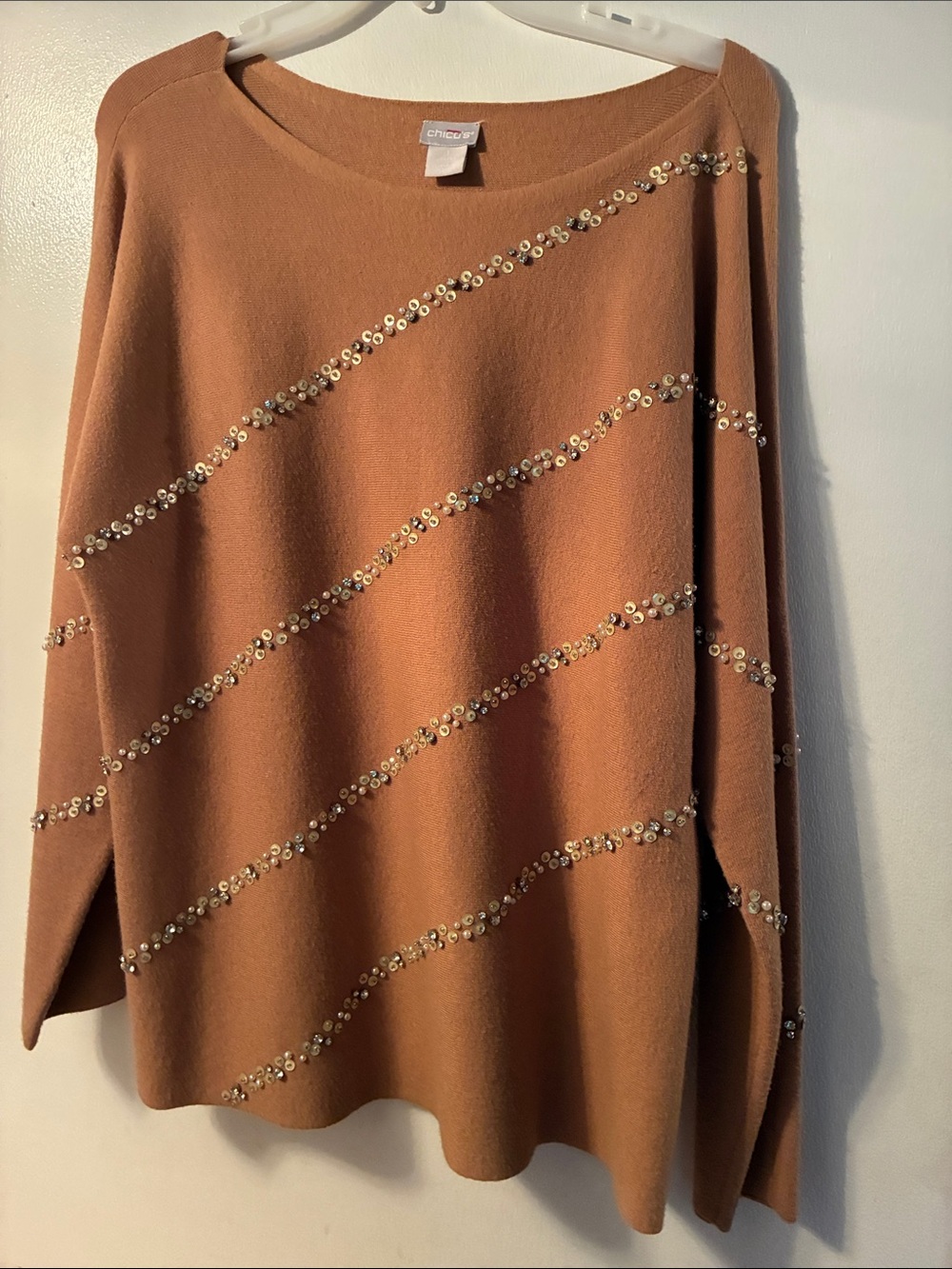 Chico's Copper-Tone Sequin Diagonal Stripe Scoop Sweater Size M Great Condition